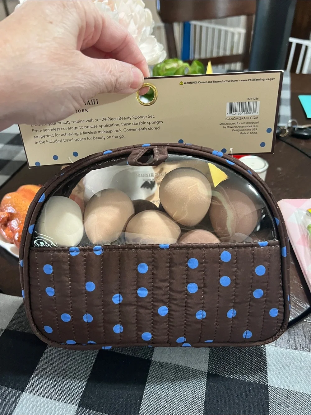 New Isaac Mizrahi Brown Cosmetic Pouch with Blue Polka Dots and Clear Window